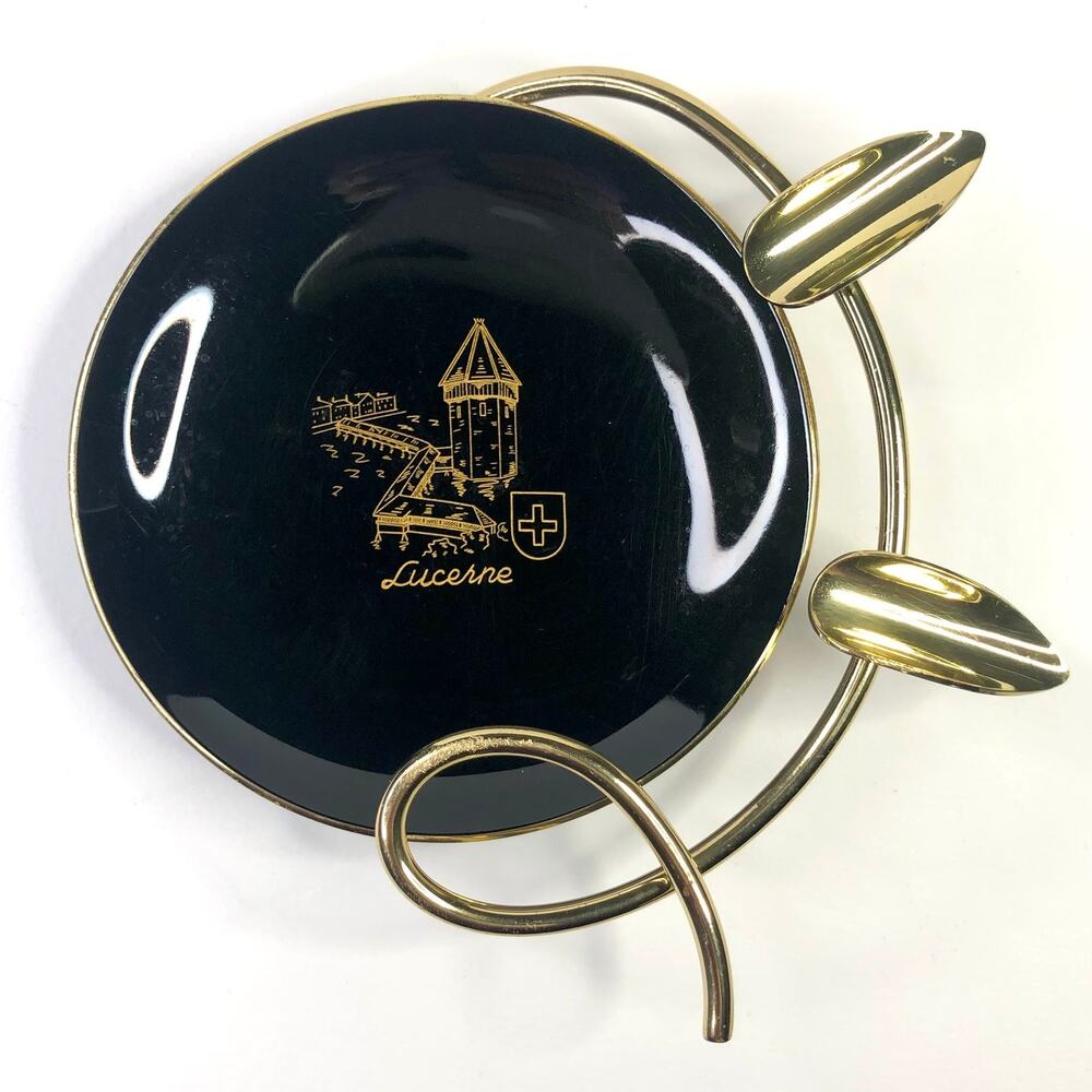Vintage MCM Lucerne Swiss Ceramic Ashtray Brass Wire Stand Tobacciana Souvenir